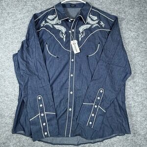 Coofandy Western Shirt Mens XXL Embroidered Cotton Blend Blue Solid 508